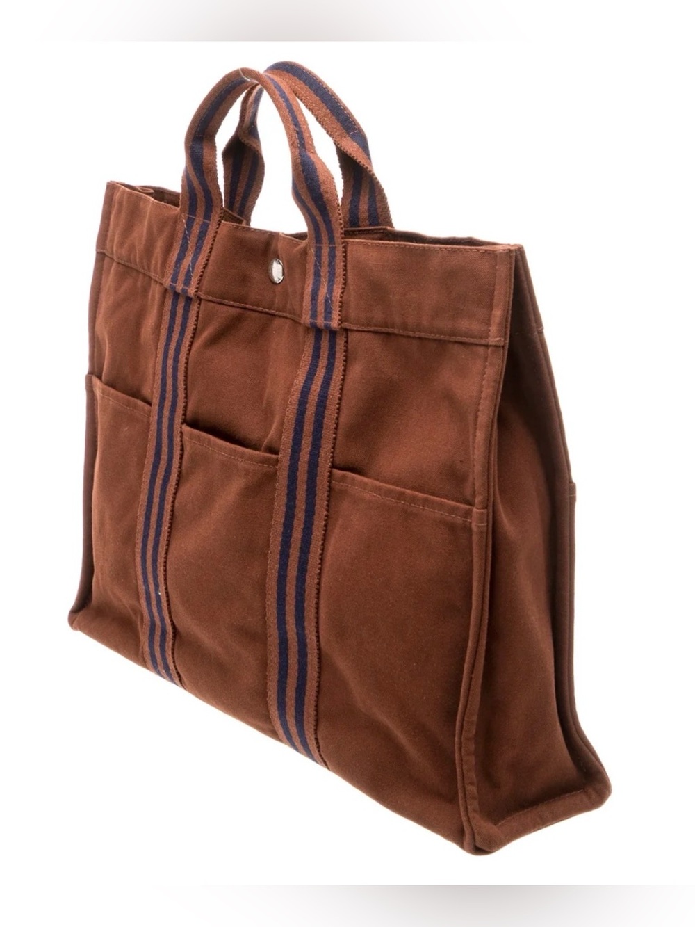 Hermès Fourre Tout MM Canvas Tote Bag Brown Navy Stripe Handbag - Picture 2 of 15